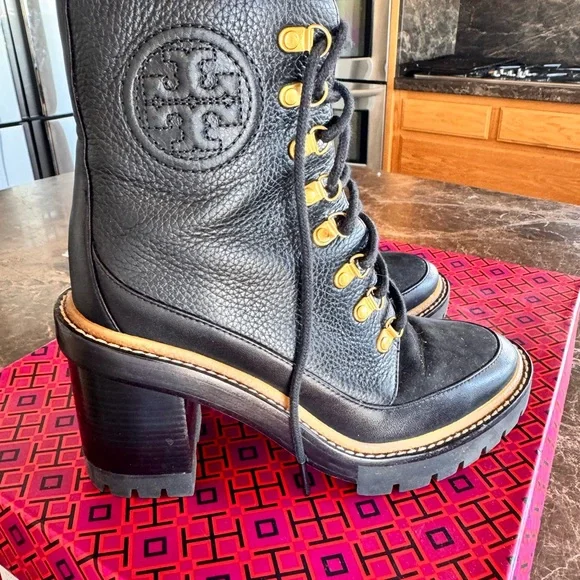 Tory Burch brand Black and Gold Heeled Boots with Chunky Heel - Picture 3 of 11